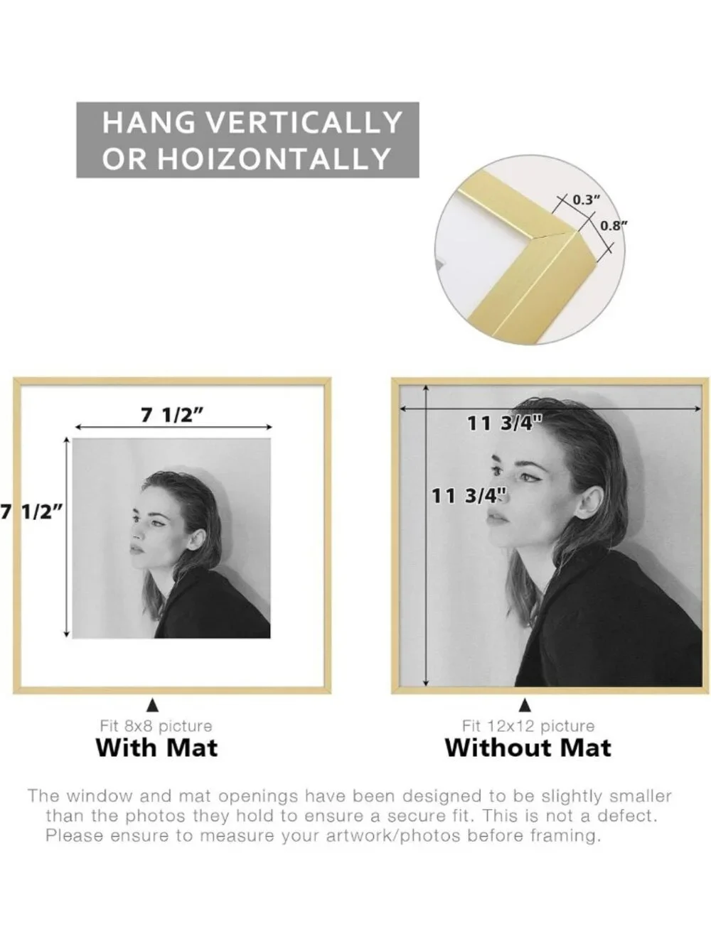 Stylish 12x12 Gold Aluminum Frame with White Mat & Real Glass - Perfect for Art